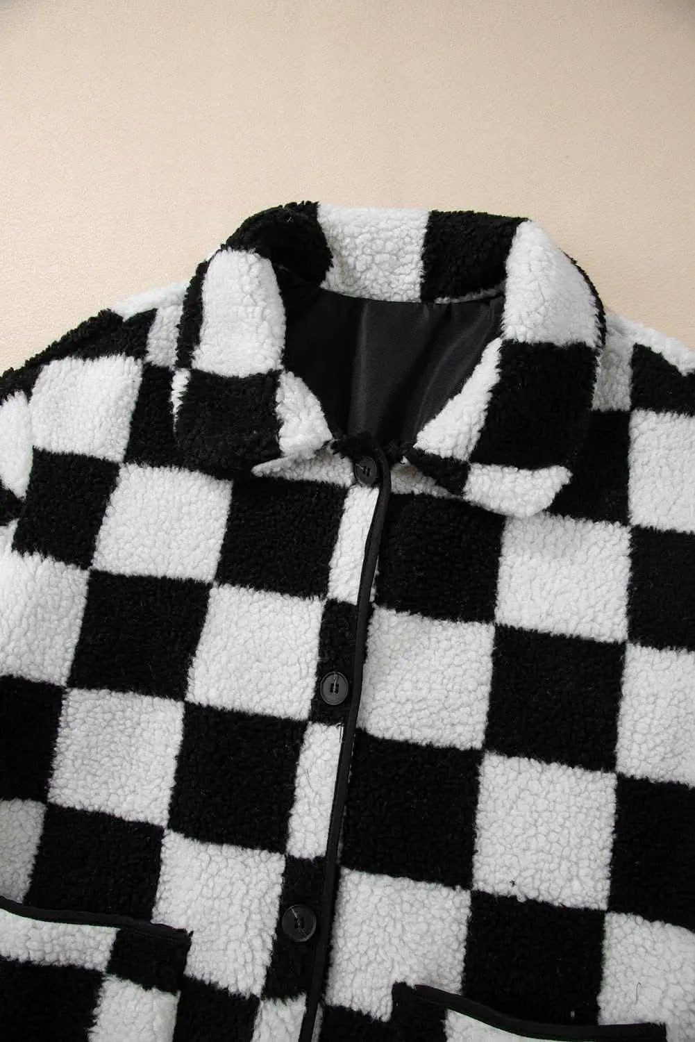 Black Checkered Side Pockets Collared Buttoned Fleece Jacket - Love Salve